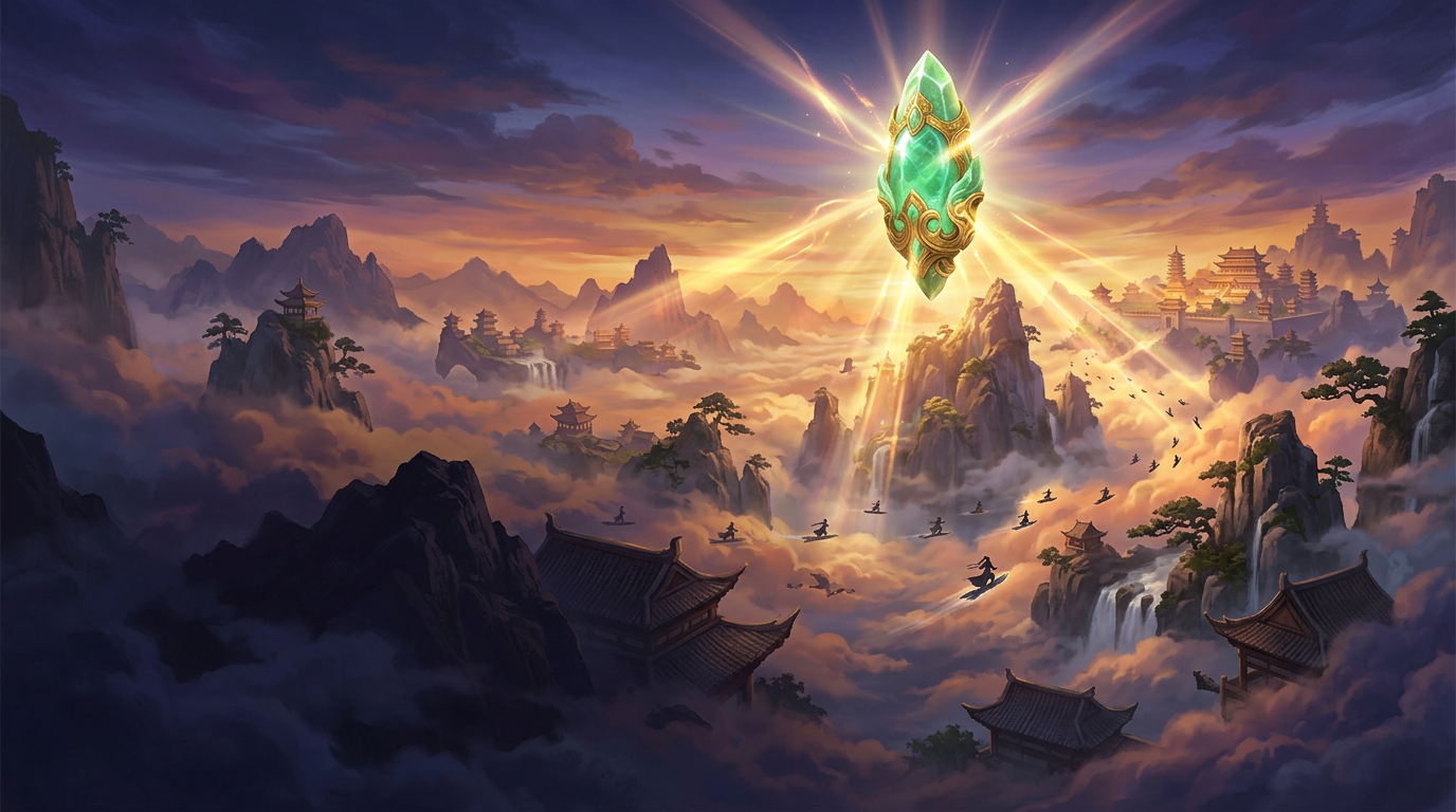 A glowing Spirit Stone floating among misty immortal mountains